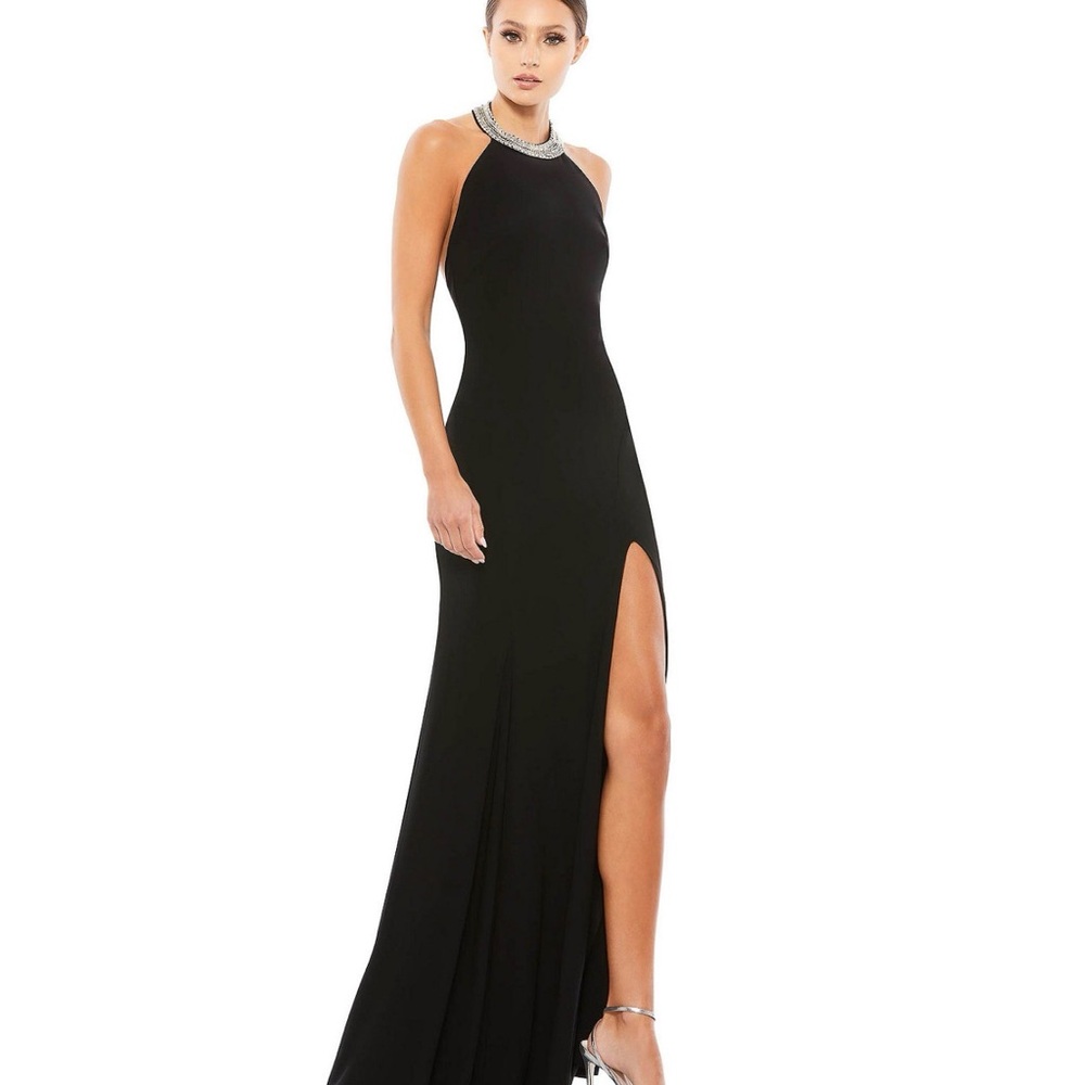Mac Duggal Black Halter Evening Gown with Jeweled Neckline